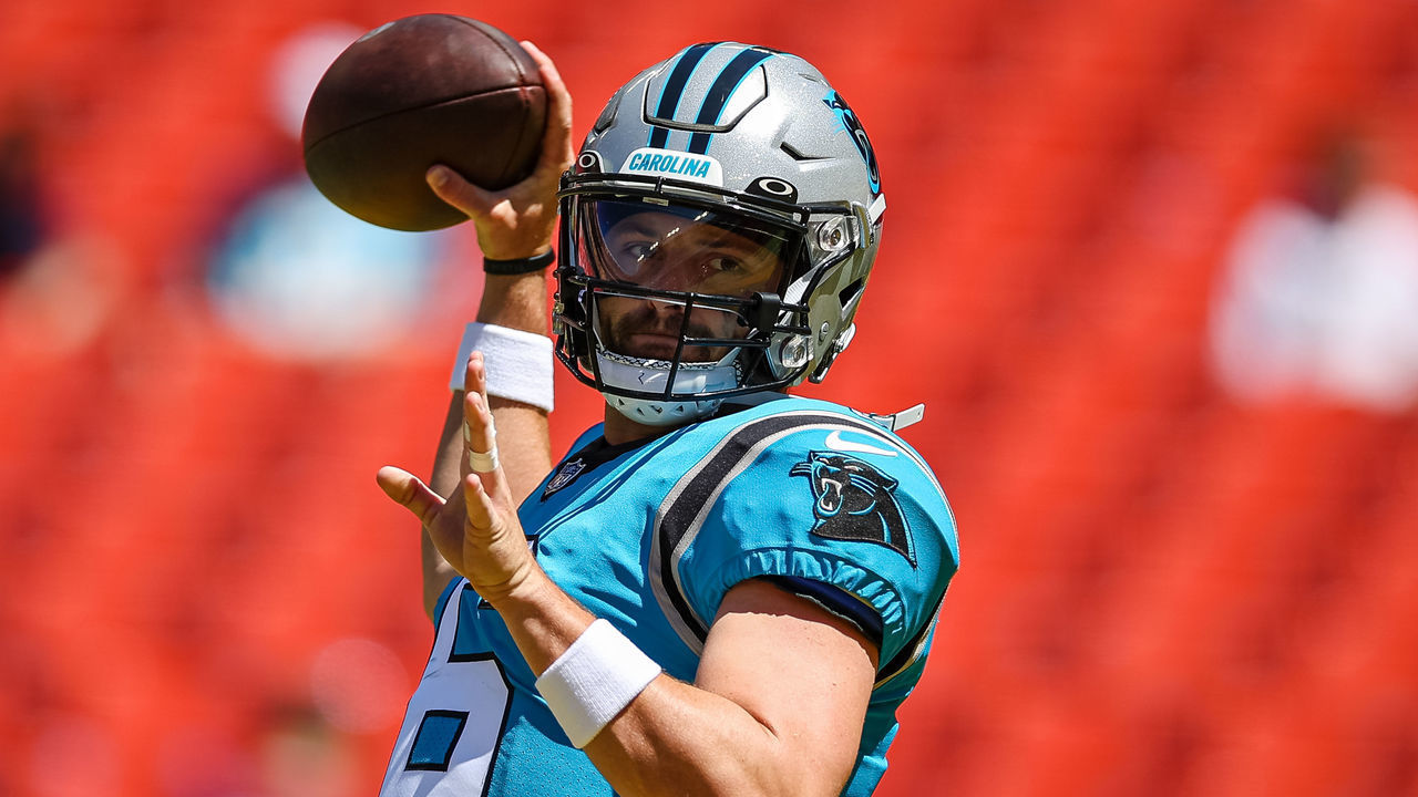 LANDOVER, MD - AUGUST 13: Baker Mayfield #6 of the Carolina Panthers attempts a pass before the preseason game against the Washington Commanders at FedExField on August 13, 2022 in Landover, Maryland.