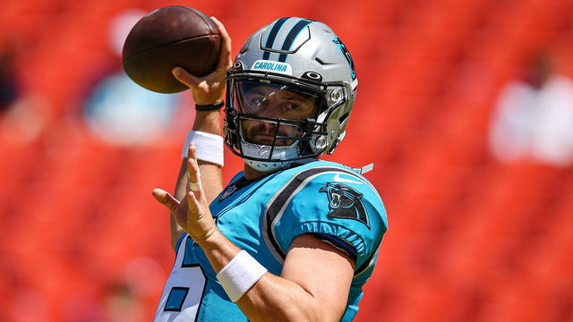 LANDOVER, MD - AUGUST 13: Baker Mayfield #6 of the Carolina Panthers attempts a pass before the preseason game against the Washington Commanders at FedExField on August 13, 2022 in Landover, Maryland.