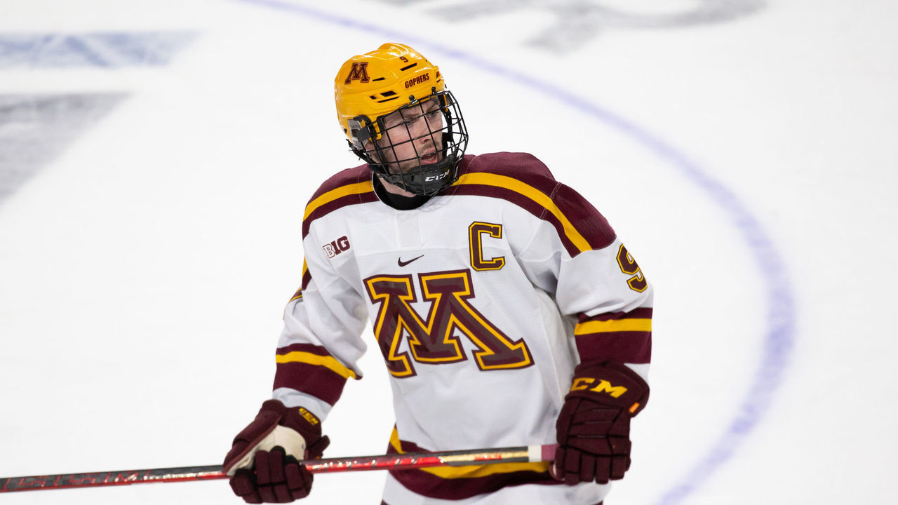 WORCESTER, MA - MARCH 25: Sammy Walker #9 of the Minnesota Golden Gophers skates against the Massachusetts Minutemen during the NCAA Men's Ice Hockey Northeast Regional game at the DCU Center on March 25, 2022 in Worcester, Massachusetts. The Golden Gophers won 4-3 in overtime.