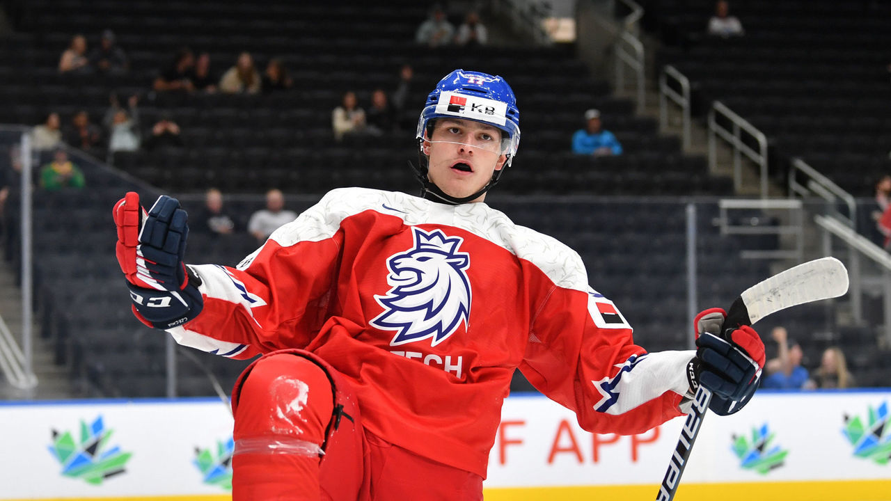 EDMONTON, AB - AUGUST 17: Petr Hauser #17 of Czechia celebrates after a goal during the game against United States in the IIHF World Junior Championship on August 17, 2022 at Rogers Place in Edmonton, Alberta, Canada