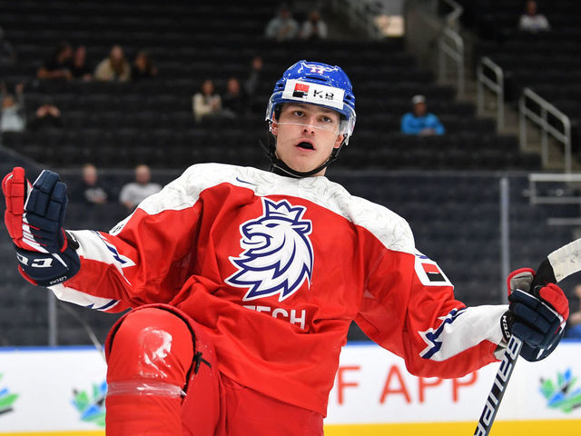 EDMONTON, AB - AUGUST 17: Petr Hauser #17 of Czechia celebrates after a goal during the game against United States in the IIHF World Junior Championship on August 17, 2022 at Rogers Place in Edmonton, Alberta, Canada