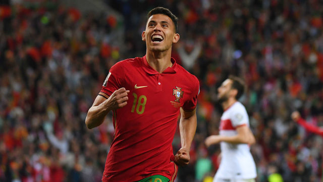 PORTO, PORTUGAL - MARCH 24: Matheus Nunes of Portugal scores and celebrates a goal during the 2022 FIFA World Cup Qualifier knockout round play-off match between Portugal and Turkey at Estadio do Dragao on March 24, 2022 in Porto, Porto.