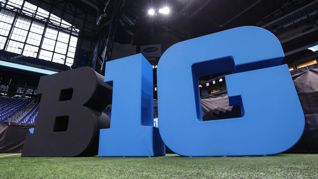 INDIANAPOLIS, IN - JULY 26: General view of the Big Ten Conference logo seen on the field during the 2022 Big Ten Conference Football Media Days at Lucas Oil Stadium on July 26, 2022 in Indianapolis, Indiana.