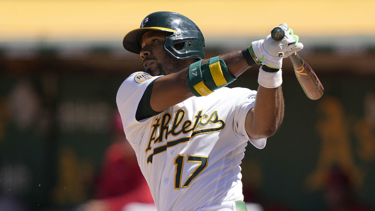 OAKLAND, CALIFORNIA - AUGUST 10: Elvis Andrus #17 of the Oakland Athletics bats against the Los Angeles Angels in the bottom of the ninth inning at RingCentral Coliseum on August 10, 2022 in Oakland, California.