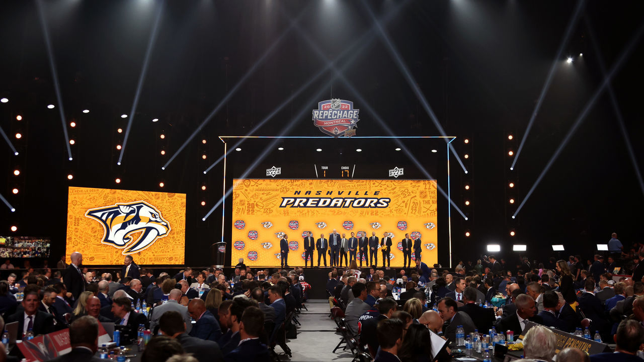 MONTREAL, QUEBEC - JULY 07: A general view of the stage as the Nashville Predators make the 17th overall pick during the first round of the 2022 Upper Deck NHL Draft at Bell Centre on July 07, 2022 in Montreal, Quebec.