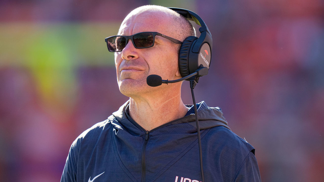 CLEMSON, SOUTH CAROLINA - NOVEMBER 13: Head coach Lou Spanos of the Connecticut Huskies looks on against the Clemson Tigers during their game at Clemson Memorial Stadium on November 13, 2021 in Clemson, South Carolina.
