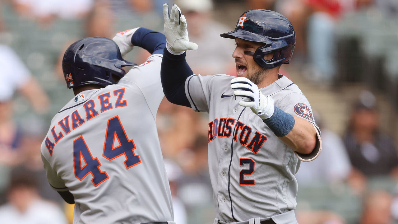 CHICAGO, ILLINOIS - AUGUST 18: Alex Bregman #2 of the Houston Astros celebrates with Yordan Alvarez #44 after hitting a two-run home run off Vince Velasquez #23 of the Chicago White Sox (not pictured) during the fourth inning at Guaranteed Rate Field on August 18, 2022 in Chicago, Illinois.