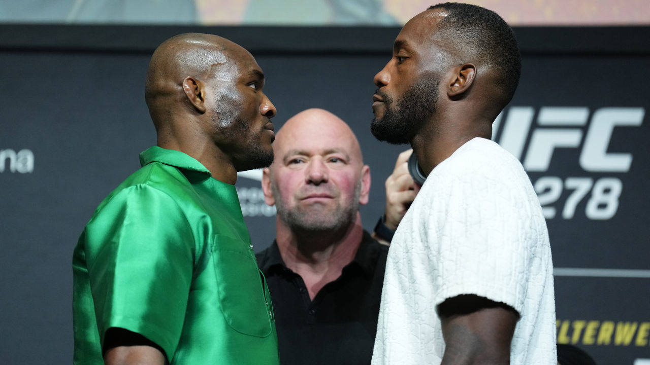 SALT LAKE CITY, UTAH - AUGUST 18: (L-R) Kamaru Usman of Nigeria and Leon Edwards of Jamaica face off during the UFC 278 press conference at Vivint Arena on August 18, 2022 in Salt Lake City, Utah.