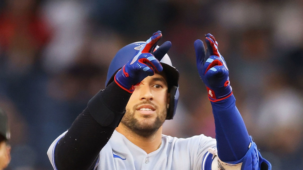 NEW YORK, NEW YORK - AUGUST 18: George Springer #4 of the Toronto Blue Jays celebrates after hitting a first inning double against the New York Yankees at Yankee Stadium on August 18, 2022 in New York City.