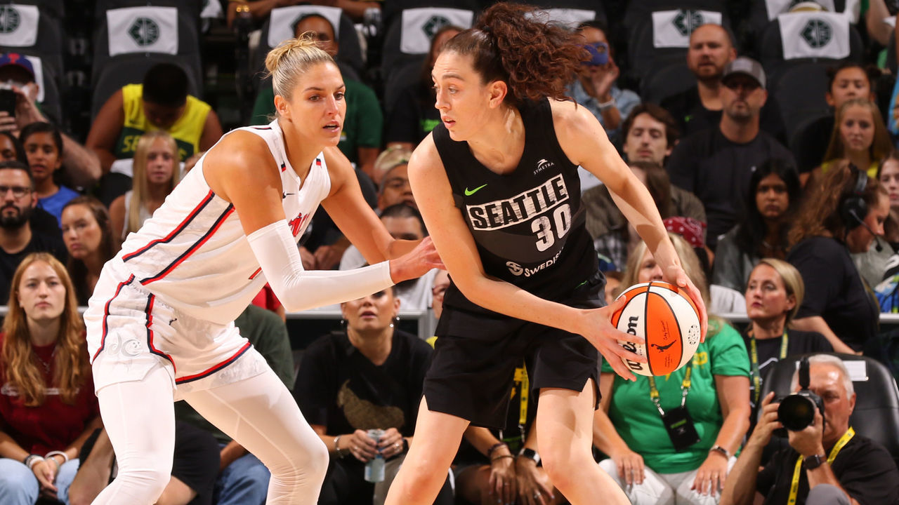 SEATTLE, WA - AUGUST 18: Breanna Stewart #30 of the Seattle Storm dribbles the ball during Round 1 Game 1 of the 2022 WNBA Playoffs on August 18, 2022 at the Climate Pledge Arena in Seattle, Washington. Mandatory Copyright Notice: Copyright 2022 NBAE