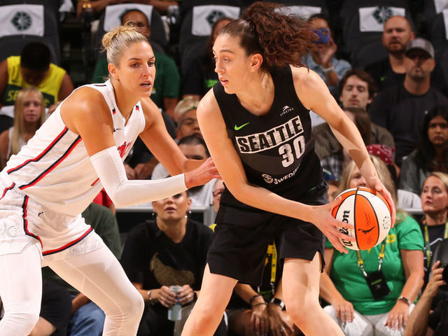 SEATTLE, WA - AUGUST 18: Breanna Stewart #30 of the Seattle Storm dribbles the ball during Round 1 Game 1 of the 2022 WNBA Playoffs on August 18, 2022 at the Climate Pledge Arena in Seattle, Washington. Mandatory Copyright Notice: Copyright 2022 NBAE