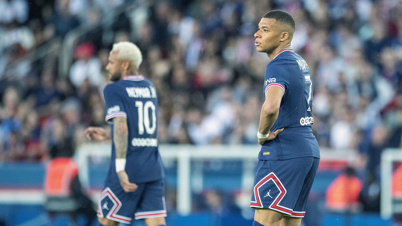 PARIS, FRANCE - May 21: Neymar #10 of Paris Saint-Germain and Kylian Mbappé #7 of Paris Saint-Germain during the Paris Saint-Germain Vs Metz, French Ligue 1 regular season match at Parc des Princes on May 21st 2022 in Paris, France