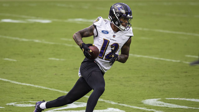 BALTIMORE, MD - JULY 31: Rashod Bateman #12 of the Baltimore Ravens in action during training camp at M&T Bank Stadium on July 31, 2021 in Baltimore, Maryland.