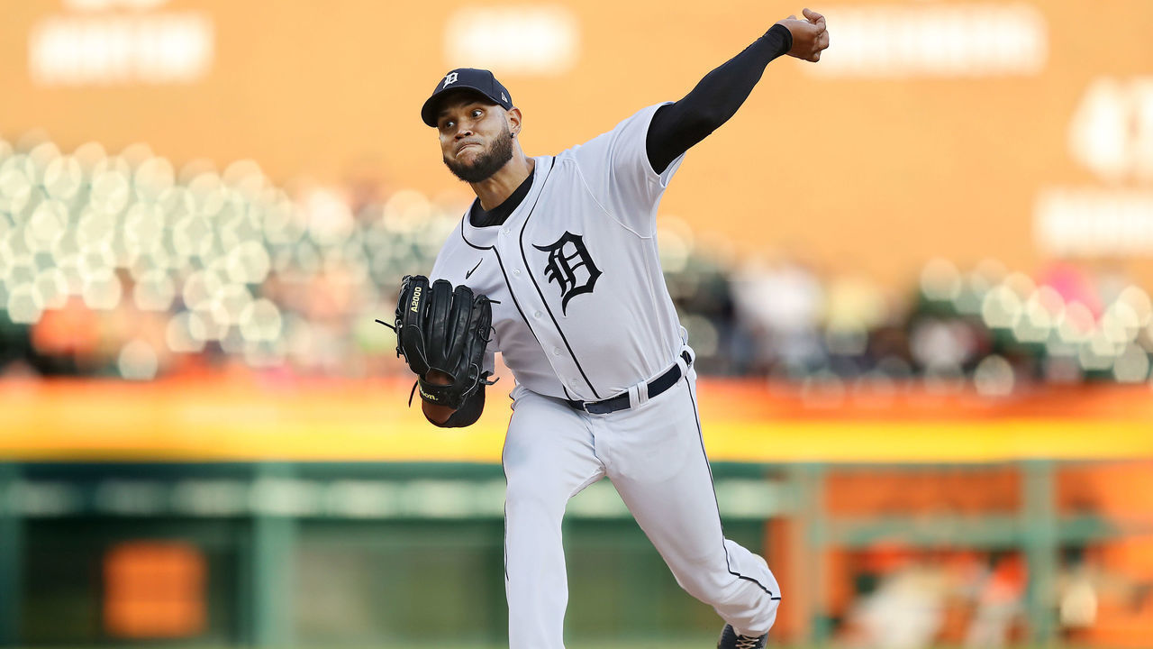 DETROIT, MICHIGAN - MAY 13: Eduardo Rodriguez #57 of the Detroit Tigers throws a pitch in the first inning at Comerica Park on May 13, 2022 in Detroit, Michigan.