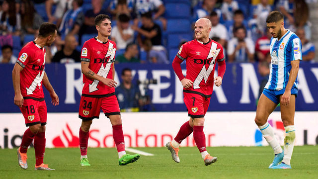 BARCELONA, SPAIN - AUGUST 19: Issac Palazon 'Isi' of Rayo Vallecano celebrates after scoring the opening goal during the LaLiga Santander match between RCD Espanyol and Rayo Vallecano at RCDE Stadium on August 19, 2022 in Barcelona, Spain.