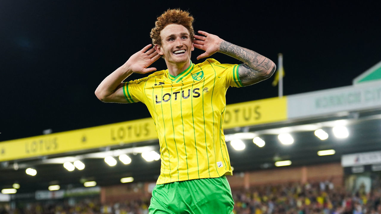 Norwich City's Josh Sargent celebrates scoring their side's first goal of the game during the Sky Bet Championship match at Carrow Road, Norwich. Picture date: Friday August 19, 2022.