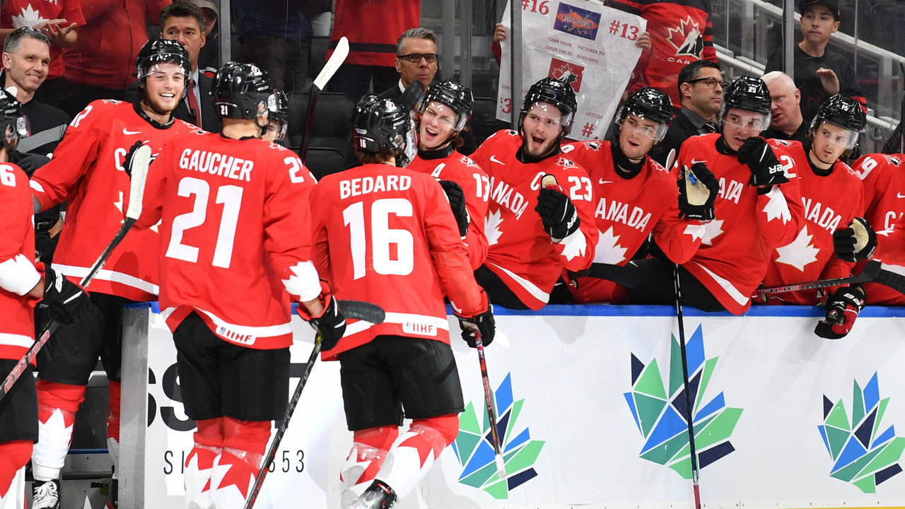 EDMONTON, AB - AUGUST 19: Connor Bedard #16 and Nathan Gaucher #21 of Canada celebrate after a goal during the game against Czechia in the IIHF World Junior Championship on August 19, 2022 at Rogers Place in Edmonton, Alberta, Canada