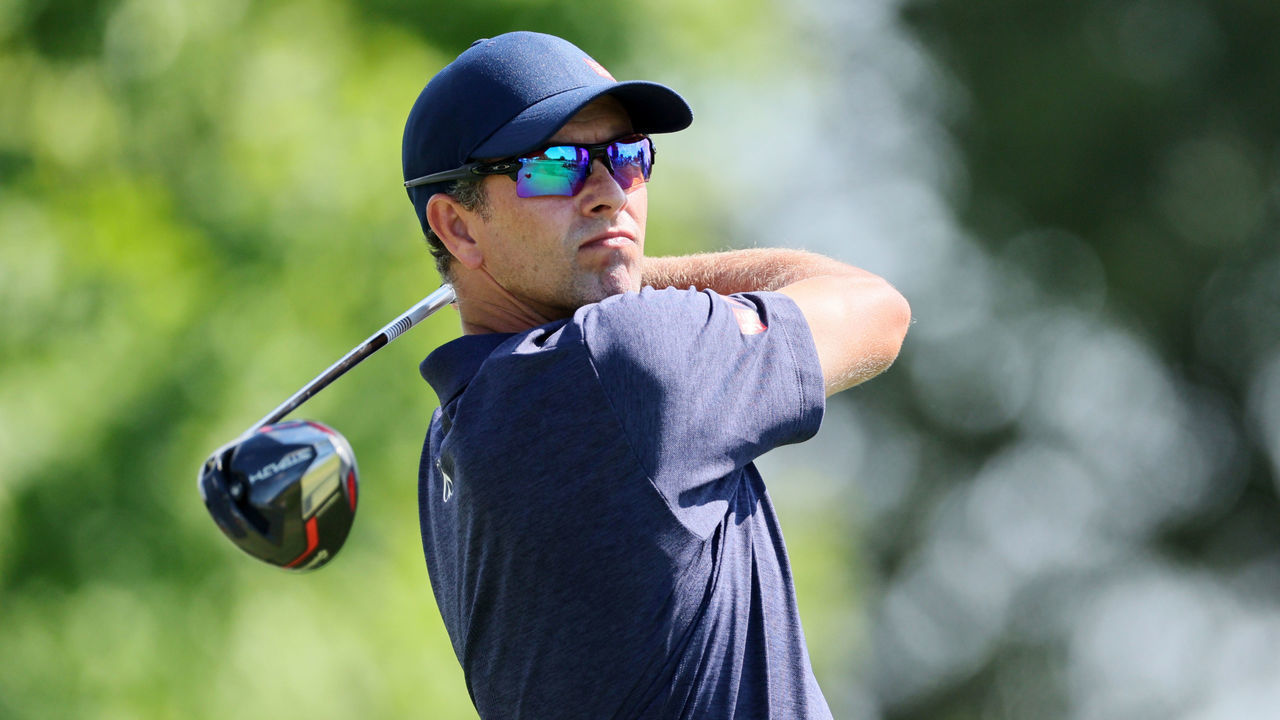 WILMINGTON, DELAWARE - AUGUST 19: Adam Scott of Australia plays his shot from the ninth tee during the second round of the BMW Championship at Wilmington Country Club on August 19, 2022 in Wilmington, Delaware.