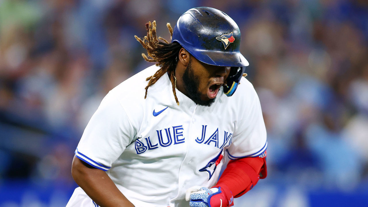 TORONTO, ON - AUGUST 17: Vladimir Guerrero Jr. #27 of the Toronto Blue Jays reacts after lining out in the fourth inning against the Baltimore Orioles at Rogers Centre on August 17, 2022 in Toronto, Ontario, Canada.