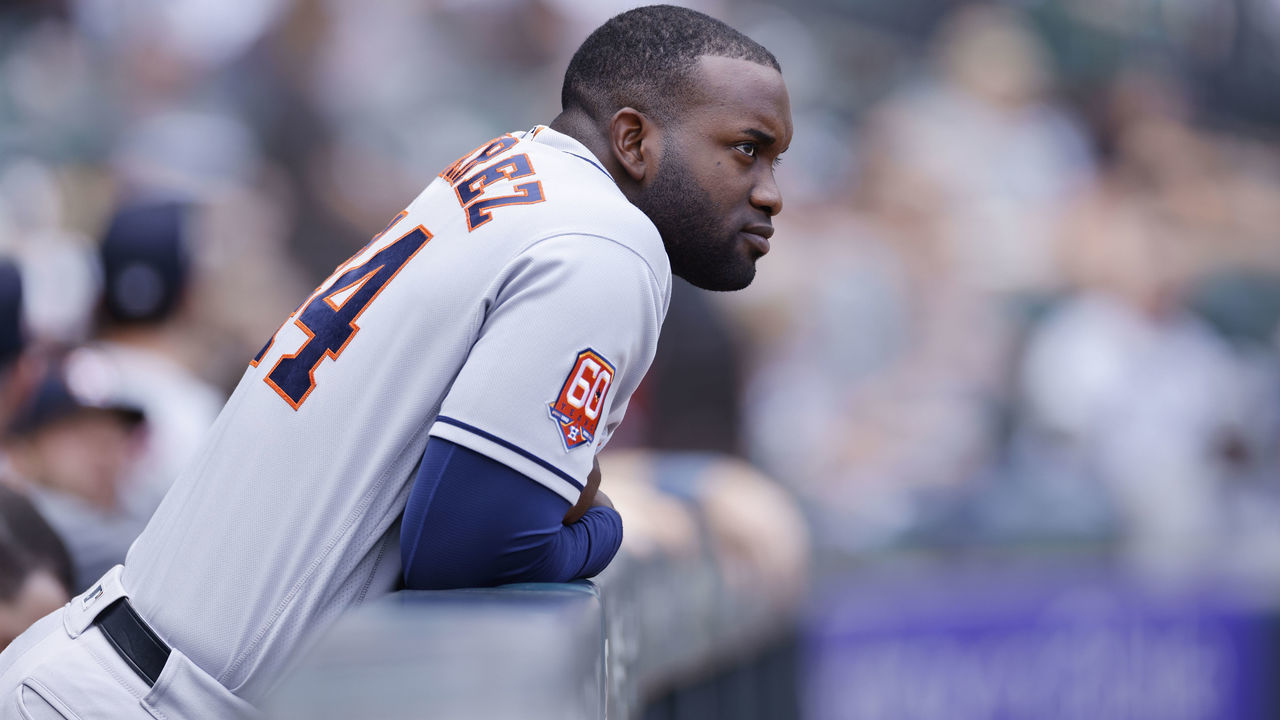CHICAGO, IL - AUGUST 18: Houston Astros left fielder Yordan Alvarez (44) looks on during an MLB game against the Chicago White Sox on August 18, 2022 at Guaranteed Rate Field in Chicago, Illinois.