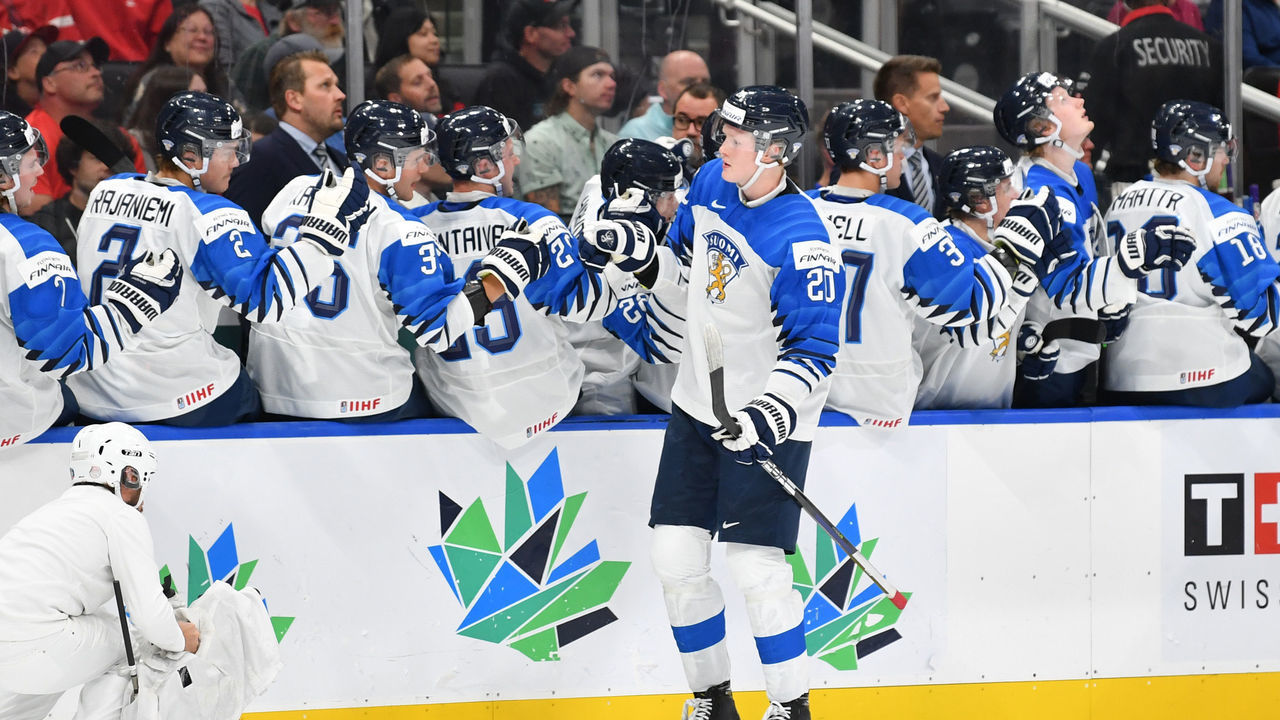 EDMONTON, AB - AUGUST 15: Samuel Helenius #20 of Finland celebrates after a goal during the game against Canada in the IIHF World Junior Championship on August 15, 2022 at Rogers Place in Edmonton, Alberta, Canada