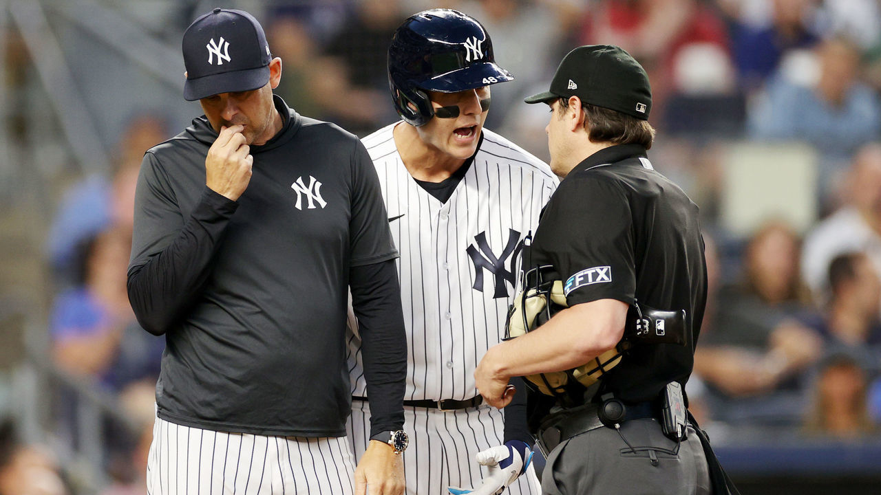 NEW YORK, NEW YORK - AUGUST 15: Manager Aaron Boone #17 of the New York Yankees looks on as Anthony Rizzo #48 argues a call with umpire DJ Reyburn #17 during the third inning against the Tampa Bay Rays at Yankee Stadium on August 15, 2022 in the Bronx borough of New York City.