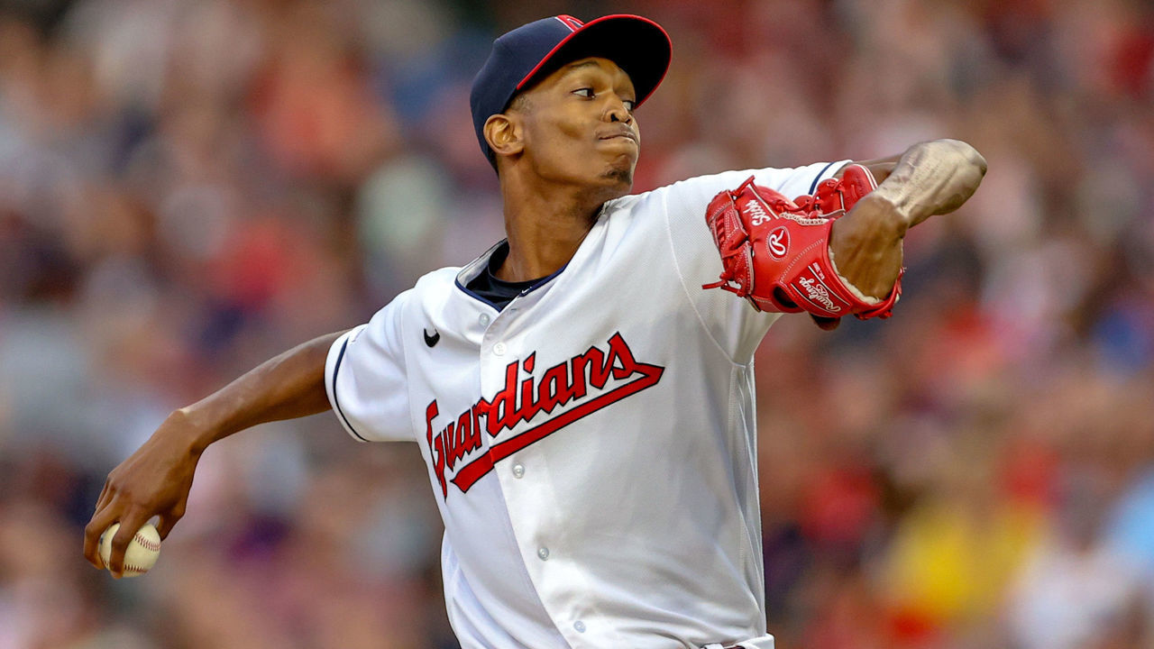 CLEVELAND, OH - AUGUST 19: Cleveland Guardians starting pitcher Triston McKenzie (24) delivers a pitch to the plate during the fourth inning of the Major League Baseball game between the Chicago White Sox and Cleveland Guardians on August 19, 2022, at Progressive Field in Cleveland, OH.