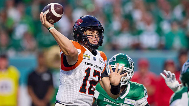 REGINA, SK - AUGUST 19: Nathan Rourke #12 of the BC Lions throws a pass in first half action in the game between the BC Lions and Saskatchewan Roughriders at Mosaic Stadium on August 19, 2022 in Regina, Canada.