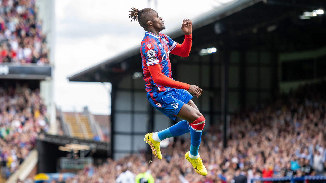 LONDON, ENGLAND - AUGUST 20: Wilfried Zaha of Crystal Palace celebrates after scoring a goal during the Premier League match between Crystal Palace and Aston Villa at Selhurst Park on August 20, 2022 in London, United Kingdom.