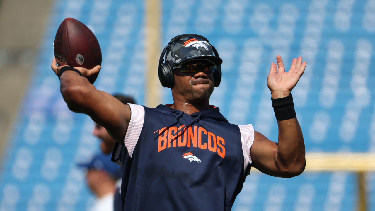 ORCHARD PARK, NY - AUGUST 20: Russell Wilson #3 of the Denver Broncos throws a pass before a preseason game against the Buffalo Bills at Highmark Stadium on August 20, 2022 in Orchard Park, New York.