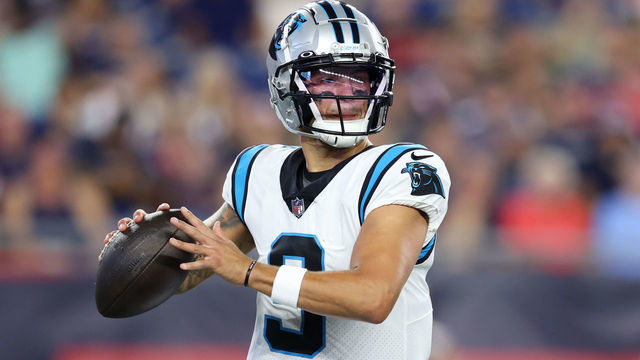 FOXBOROUGH, MASSACHUSETTS - AUGUST 19: Matt Corral #9 of the Carolina Panthers throws during the preseason game between the New England Patriots and the Carolina Panthers at Gillette Stadium on August 19, 2022 in Foxborough, Massachusetts.