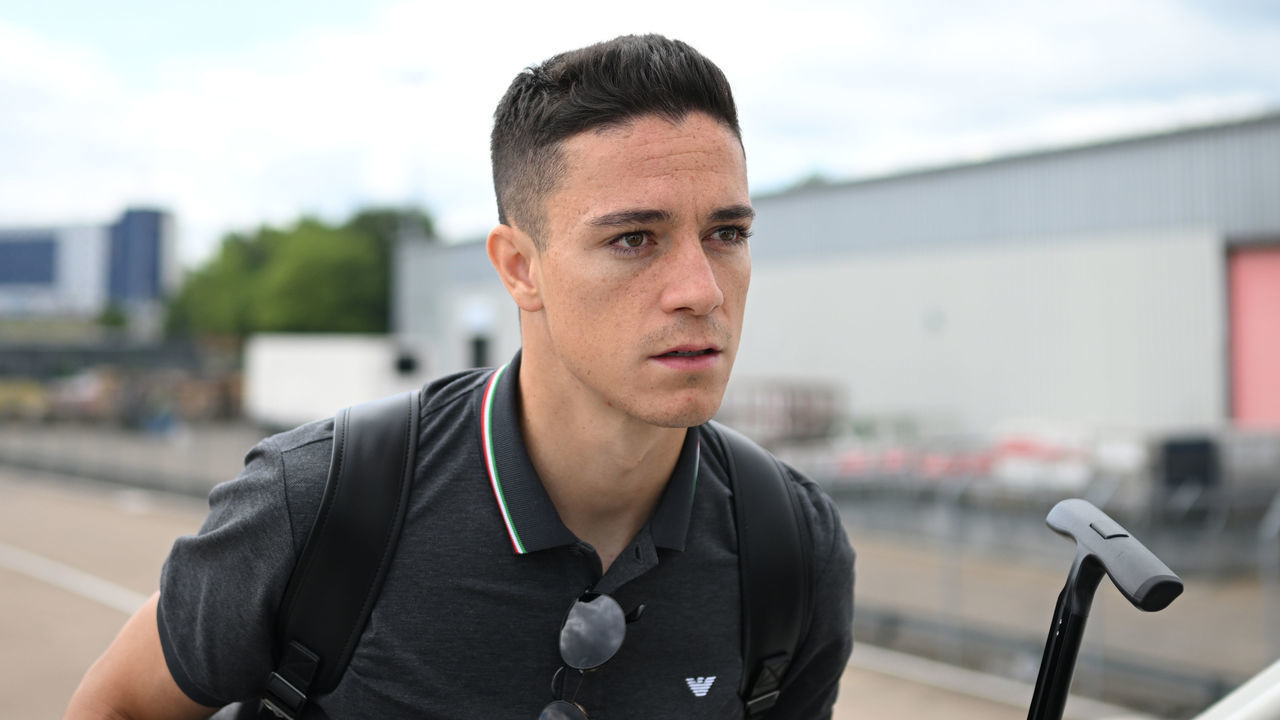 DUESSELDORF, GERMANY - JUNE 13: Giacomo Raspadori of Italy departs to Dusseldorf Airport on June 13, 2022 in Duesseldorf, Germany.