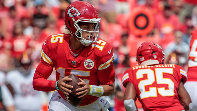 KANSAS CITY, MO - AUGUST 20: Kansas City Chiefs quarterback Patrick Mahomes (15) scrambles during the game against the Washington Commanders on August 20th, 2022 at GEHA field Arrowhead Stadium in Kansas City, Missouri.