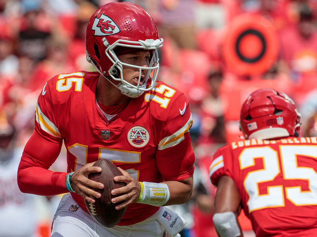 KANSAS CITY, MO - AUGUST 20: Kansas City Chiefs quarterback Patrick Mahomes (15) scrambles during the game against the Washington Commanders on August 20th, 2022 at GEHA field Arrowhead Stadium in Kansas City, Missouri.