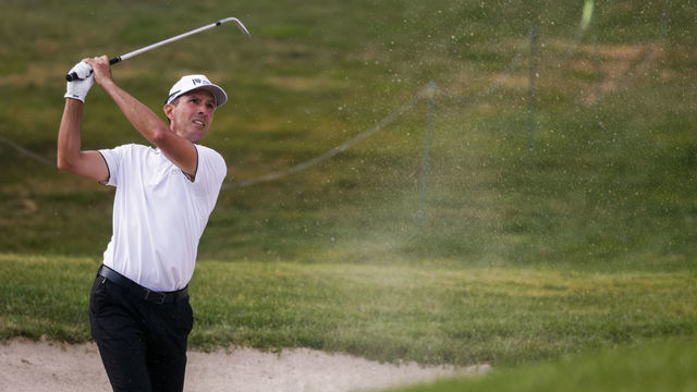 ENDICOTT, NY - AUGUST 20: Mike Weir of Canada plays a bunker shot on the 13th hole during the second round of the DICK'S Sporting Goods Open at En-Joie Golf Club on August 20, 2022 in Endicott, New York.