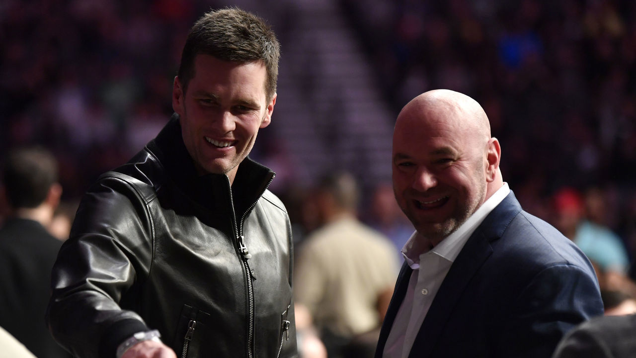 LAS VEGAS, NEVADA - JANUARY 18: Tom Brady greets Dana white while attending the UFC 246 event at T-Mobile Arena on January 18, 2020 in Las Vegas, Nevada.
