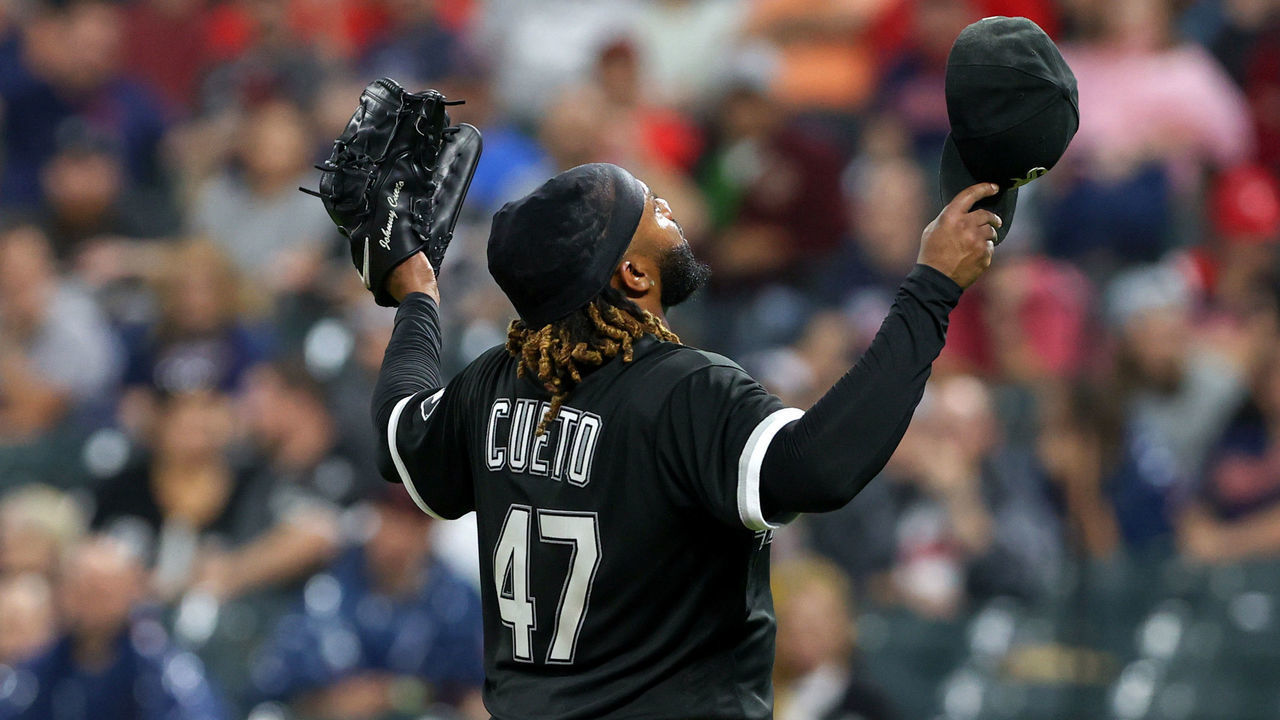 CLEVELAND, OH - AUGUST 20: Chicago White Sox starting pitcher Johnny Cueto (47) as he leaves the game during the ninth inning of the Major League Baseball game between the Chicago White Sox and Cleveland Guardians on August 20, 2022, at Progressive Field in Cleveland, OH.