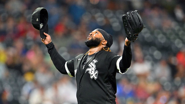 CLEVELAND, OHIO - AUGUST 20: Starting pitcher Johnny Cueto #47 of the Chicago White Sox celebrates as he leaves the game during the ninth inning against the Cleveland Guardians at Progressive Field on August 20, 2022 in Cleveland, Ohio. The White Sox defeated the Guardians 2-0.