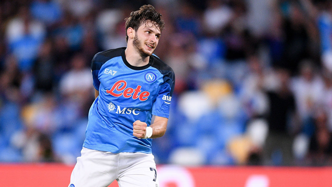 Khvicha Kvaratskhelia of SSC Napoli celebrates after scoring third goal during the Serie A match between SSC Napoli and AC Monza at Stadio Diego Armando Maradona, Naples, Italy on 21 August 2022.