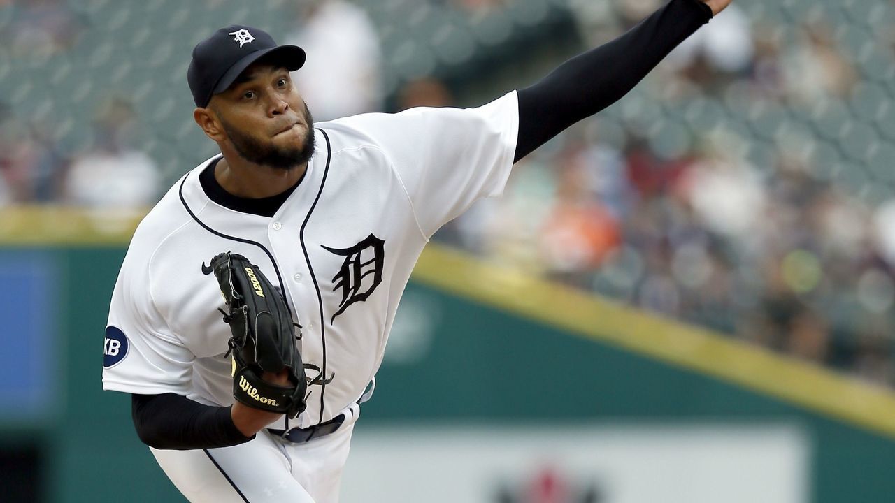 DETROIT, MI - AUGUST 21: Eduardo Rodriguez #57 of the Detroit Tigers pitches against the Los Angeles Angels during the first inning at Comerica Park on August 21, 2022, in Detroit, Michigan.