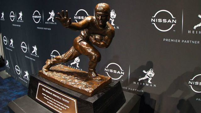 NEW YORK, NY - DECEMBER 11: A general view of the Heisman Trophy during The Heisman Trophy finalists press conference at the Marriott Marquis in New York on December 11, 2021 in New York City, NY.
