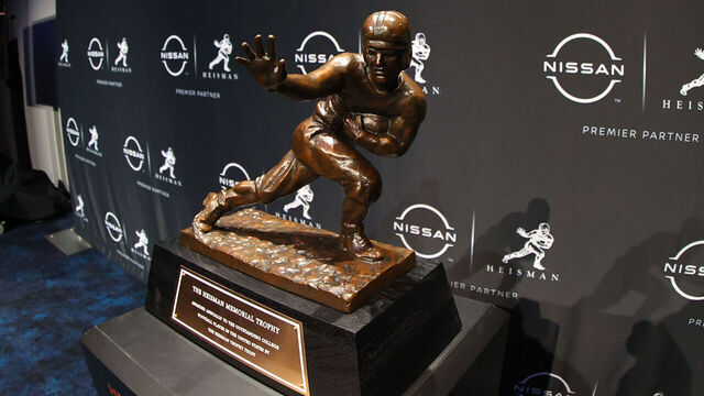 NEW YORK, NY - DECEMBER 11: A general view of the Heisman Trophy during The Heisman Trophy finalists press conference at the Marriott Marquis in New York on December 11, 2021 in New York City, NY.