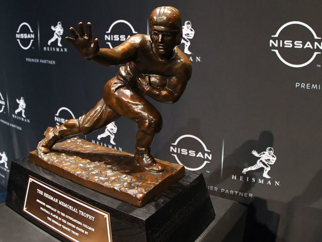NEW YORK, NY - DECEMBER 11: A general view of the Heisman Trophy during The Heisman Trophy finalists press conference at the Marriott Marquis in New York on December 11, 2021 in New York City, NY.