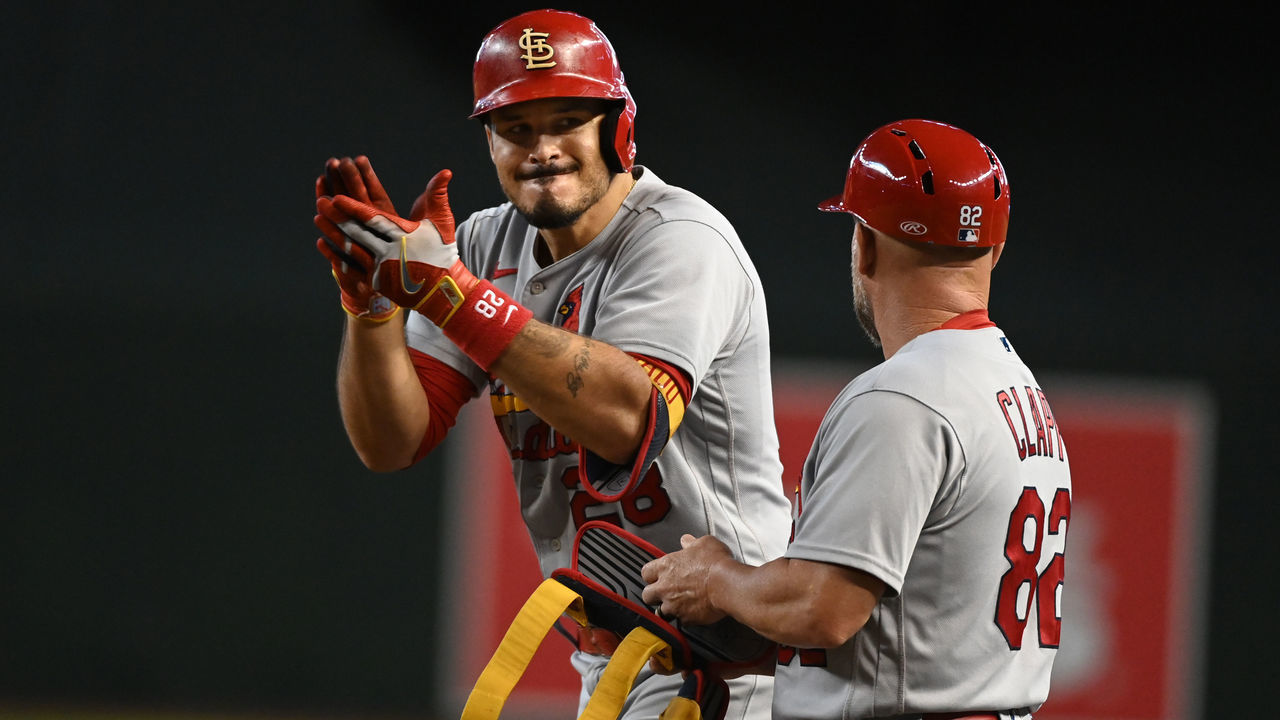 PHOENIX, ARIZONA - AUGUST 21: Nolan Arenado #28 of the St Louis Cardinals reacts after hitting a two-RBI single against the Arizona Diamondbacks during the seventh inning at Chase Field on August 21, 2022 in Phoenix, Arizona.
