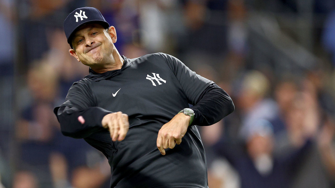 NEW YORK, NEW YORK - JULY 15: Manager Aaron Boone #17 of the New York Yankees throws his gum as he is tossed from the game against the Boston Red Sox in the ninth inning at Yankee Stadium on July 15, 2022 in the Bronx borough of New York City.