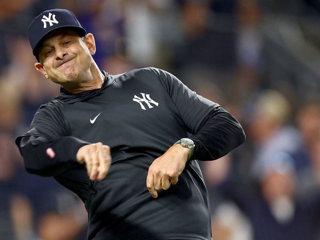 NEW YORK, NEW YORK - JULY 15: Manager Aaron Boone #17 of the New York Yankees throws his gum as he is tossed from the game against the Boston Red Sox in the ninth inning at Yankee Stadium on July 15, 2022 in the Bronx borough of New York City.
