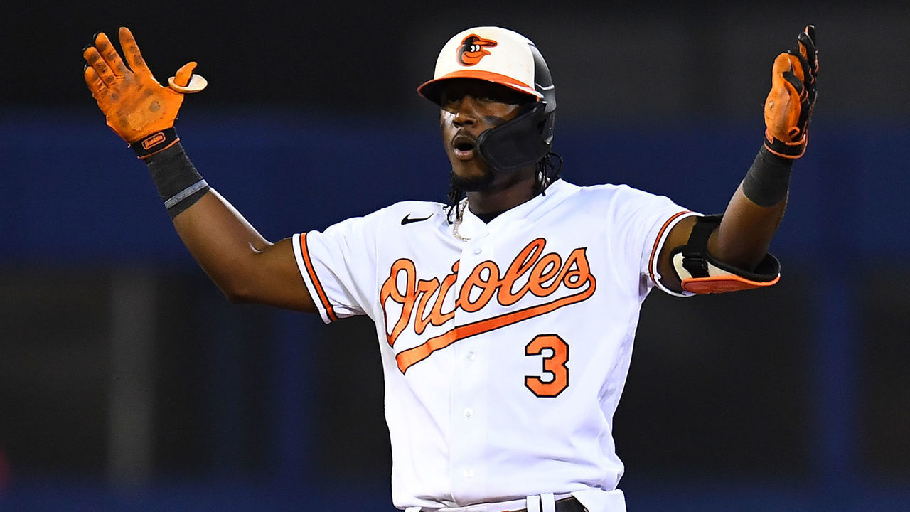 SOUTH WILLIAMSPORT, PA - AUGUST 21: Jorge Mateo #3 of the Baltimore Orioles reacts after his three-run double during the eighth inning against the Boston Red Sox at Bowman Field on August 21, 2022 in South Williamsport, Pennsylvania.