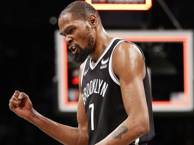 NEW YORK, NEW YORK - APRIL 12: Kevin Durant #7 of the Brooklyn Nets reacts during the first half of the Eastern Conference 2022 Play-In Tournament against the Cleveland Cavaliers at Barclays Center on April 12, 2022 in the Brooklyn borough of New York City.