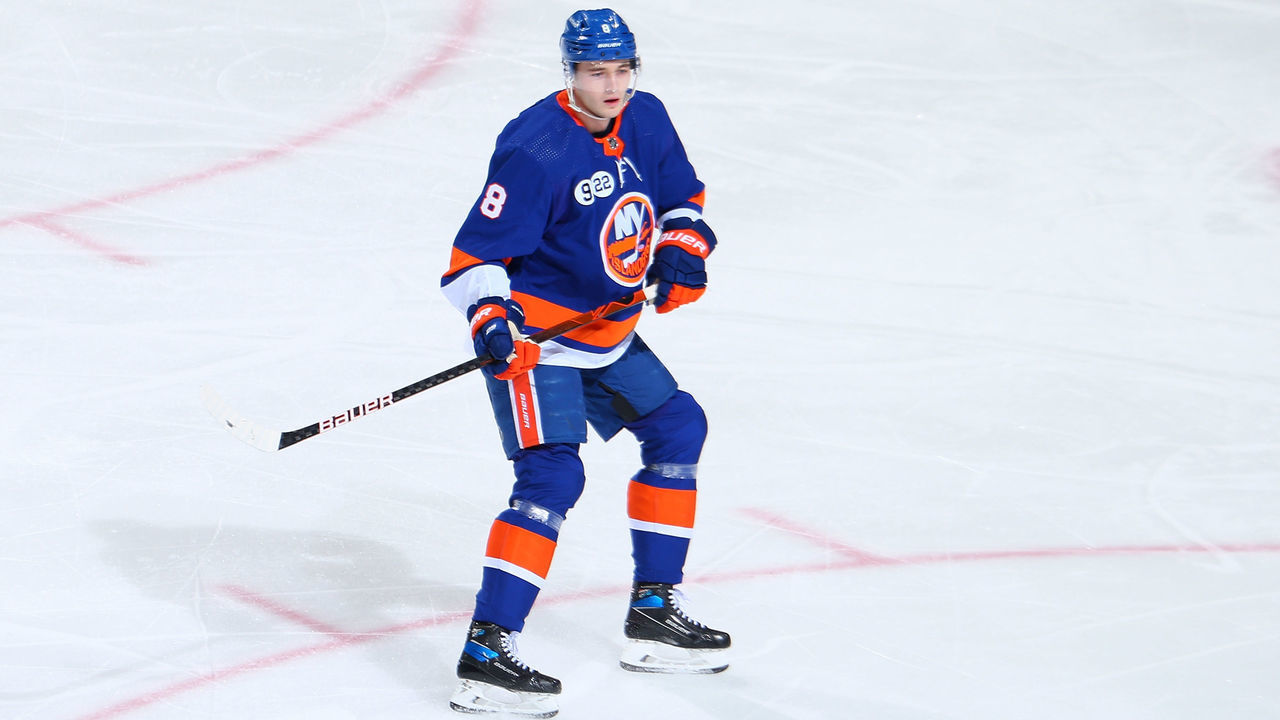 ELMONT, NEW YORK - APRIL 29: Noah Dobson #8 of the New York Islanders skates against the Tampa Bay Lightning at UBS Arena on April 29, 2022 in Elmont, New York. Tampa Bay Lightning defeated the New York Islanders 6-4.