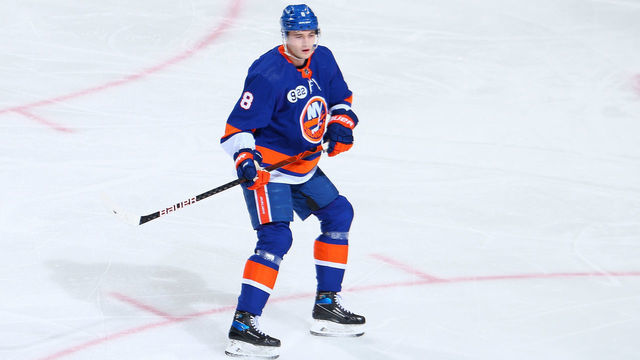 ELMONT, NEW YORK - APRIL 29: Noah Dobson #8 of the New York Islanders skates against the Tampa Bay Lightning at UBS Arena on April 29, 2022 in Elmont, New York. Tampa Bay Lightning defeated the New York Islanders 6-4.